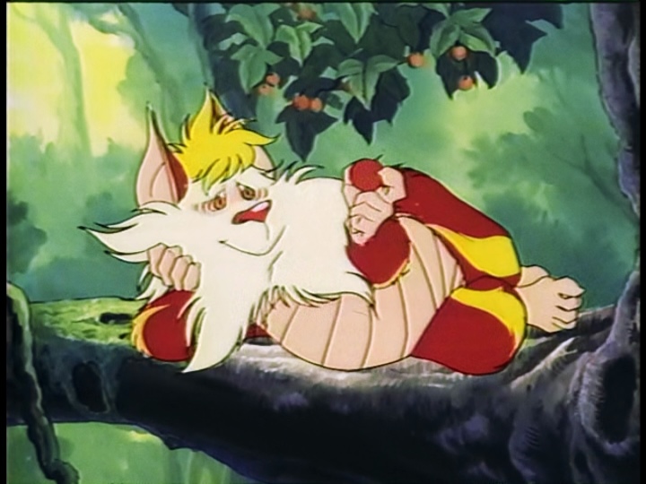Snarf reclines on a tree branch, admiring a small fruit he's about to eat.